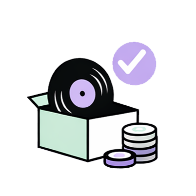 Une boîte contenant un disque vinyle, des piles de pièces de monnaie, et une coche violette indiquant une confirmation.