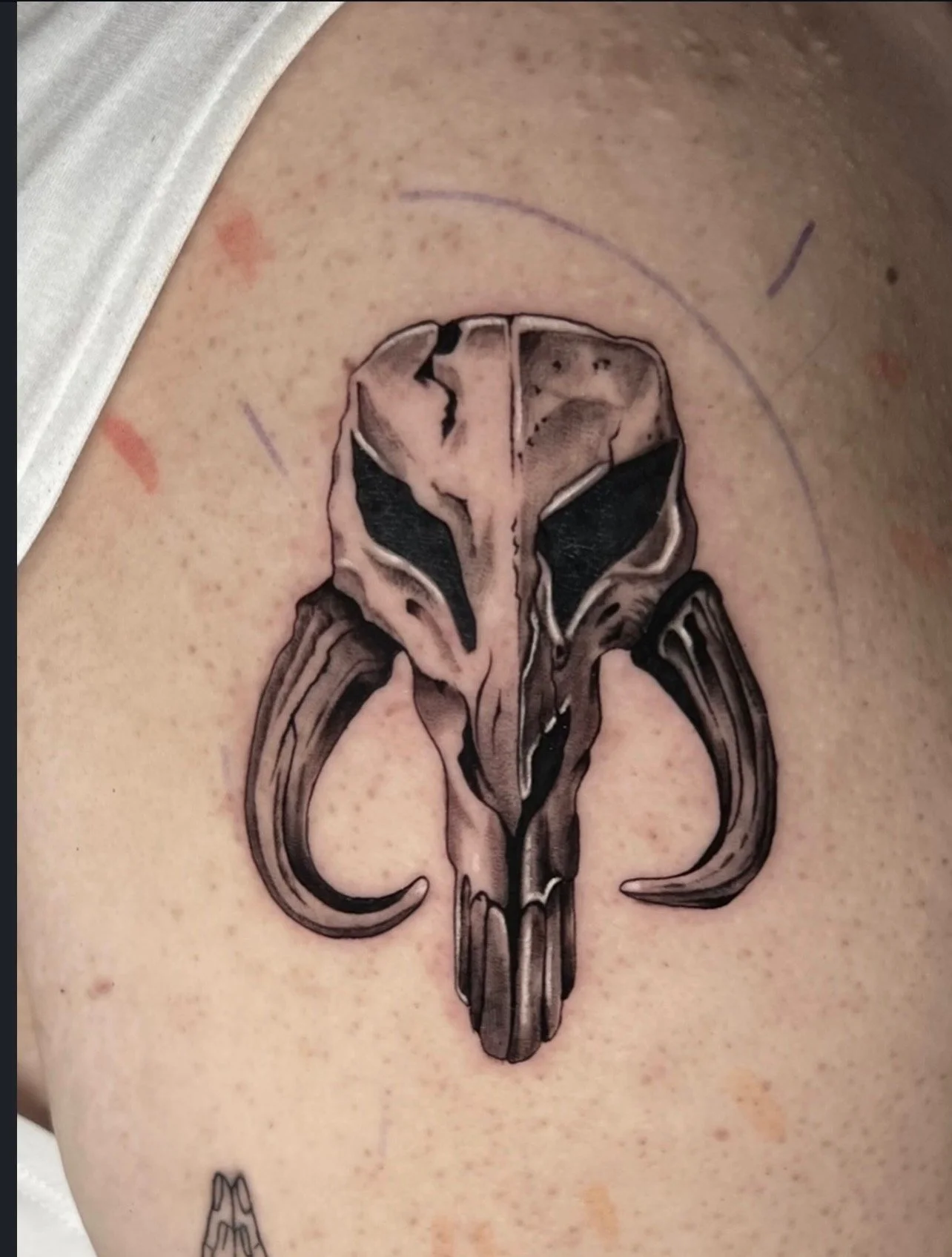 Tattoo of an animal skull, possibly a deer or similar creature, with large antlers on a person's shoulder by Mando at Harp and Rose Tattoo in Ventura California