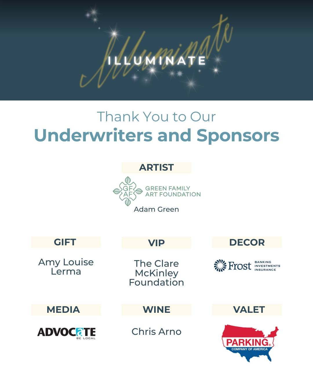 Support becomes visible through partnership.

Our ILLUMINATE Sponsors and Underwriters help bring this experience to life and ensure survivors can access free, confidential care when they need it most. Because of you, resources are easier to find and