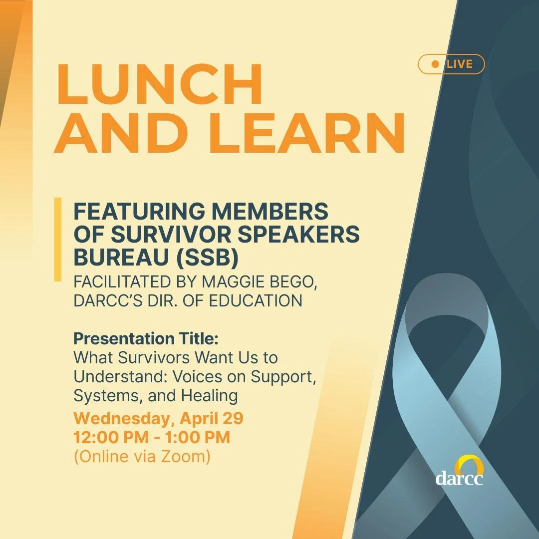 Just one week left!

Join us on Wednesday, April 29 for a powerful conversation at our next Lunch and Learn during Sexual Assault Awareness Month.

What Survivors Want Us to Understand: Voices on Support, Systems, and Healing features members of the 