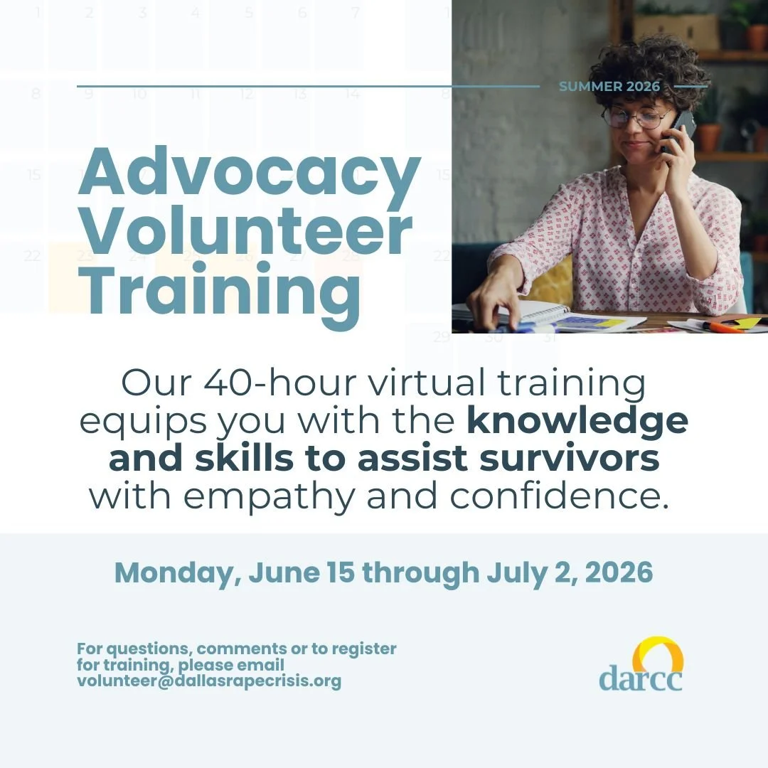 Here at DARCC, our volunteers play a vital role in providing advocacy and support to survivors of sexual assault. Whether answering our 24/7 crisis hotline, accompanying a survivor to the hospital, or offering legal advocacy, DARCC Volunteers make a 