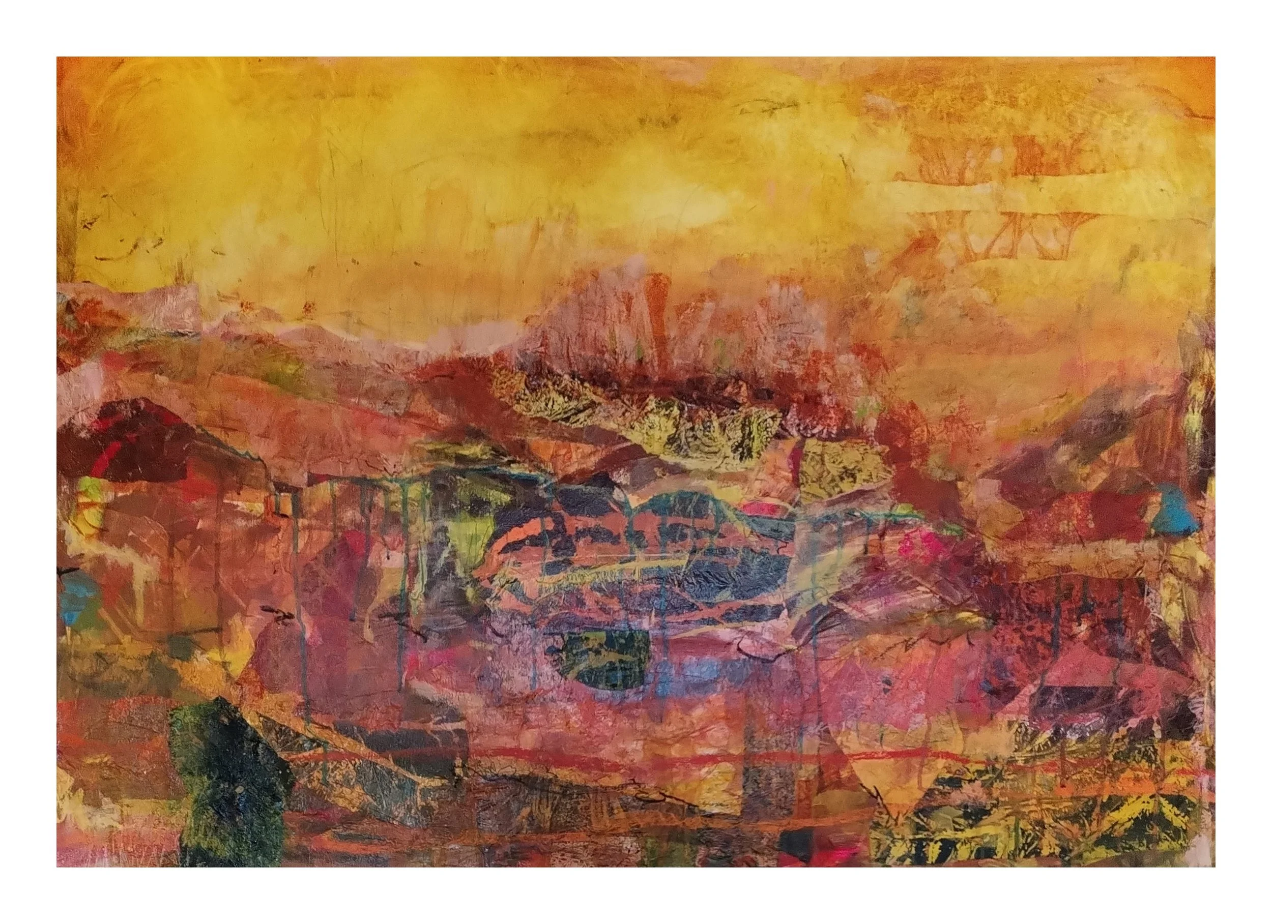 FOREBODE OF RECRUDESCENCE | 2024 | Acrylic, mixed media and collage on canvas |
100 x 70 cm | 40 x 28 inch