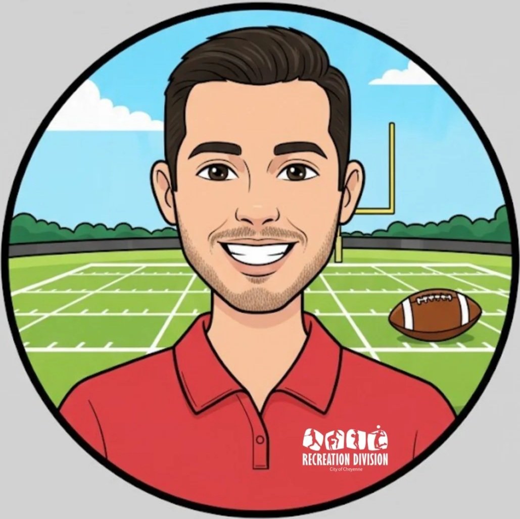 Cartoon portrait of a man wearing a red polo shirt, smiling, on a football field background with a football and goalpost.