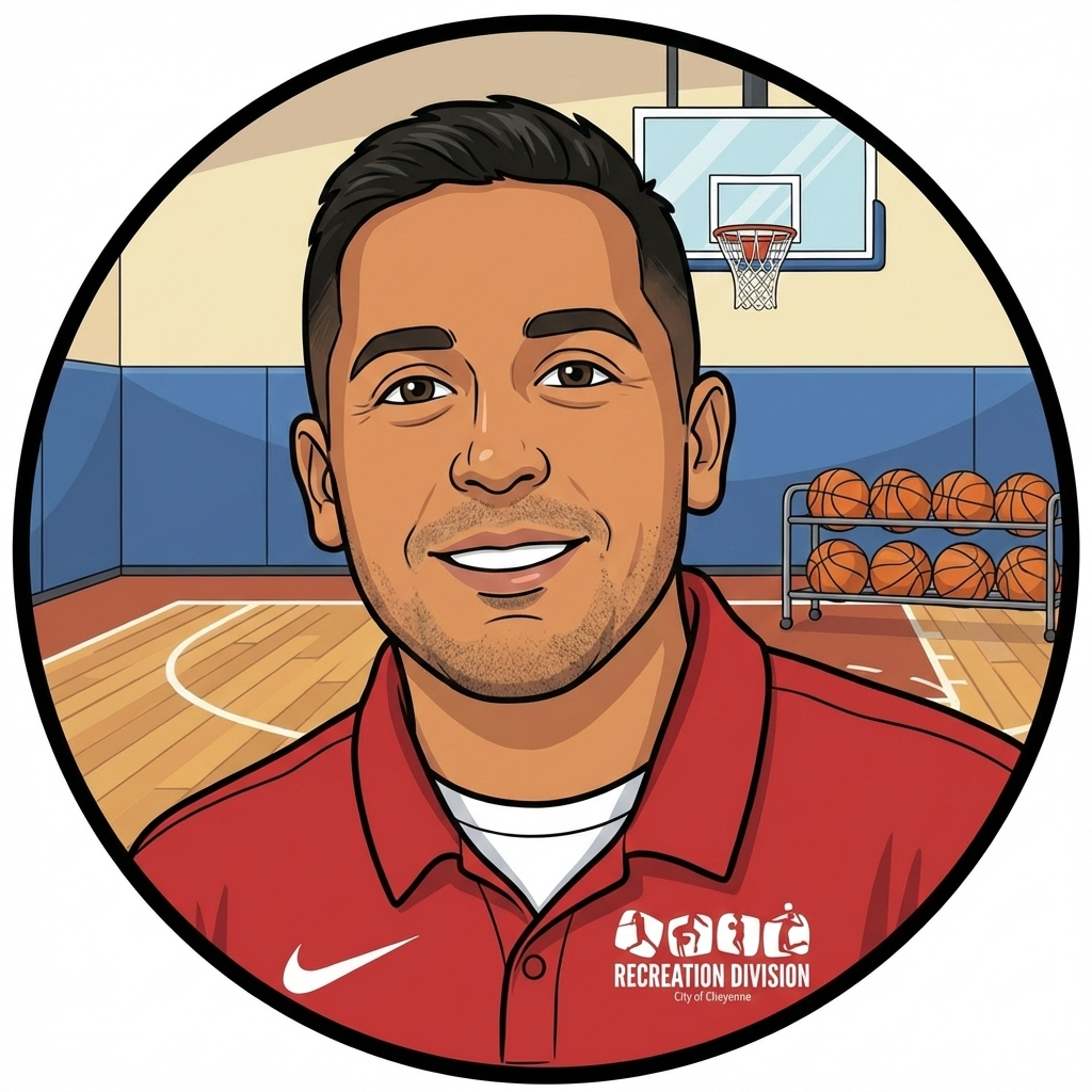 Cartoon of a man with brown hair and a light beard wearing a red polo shirt with 'Recreation Division' printed on it. He is standing in a basketball court with a basketball and a hoop in the background.