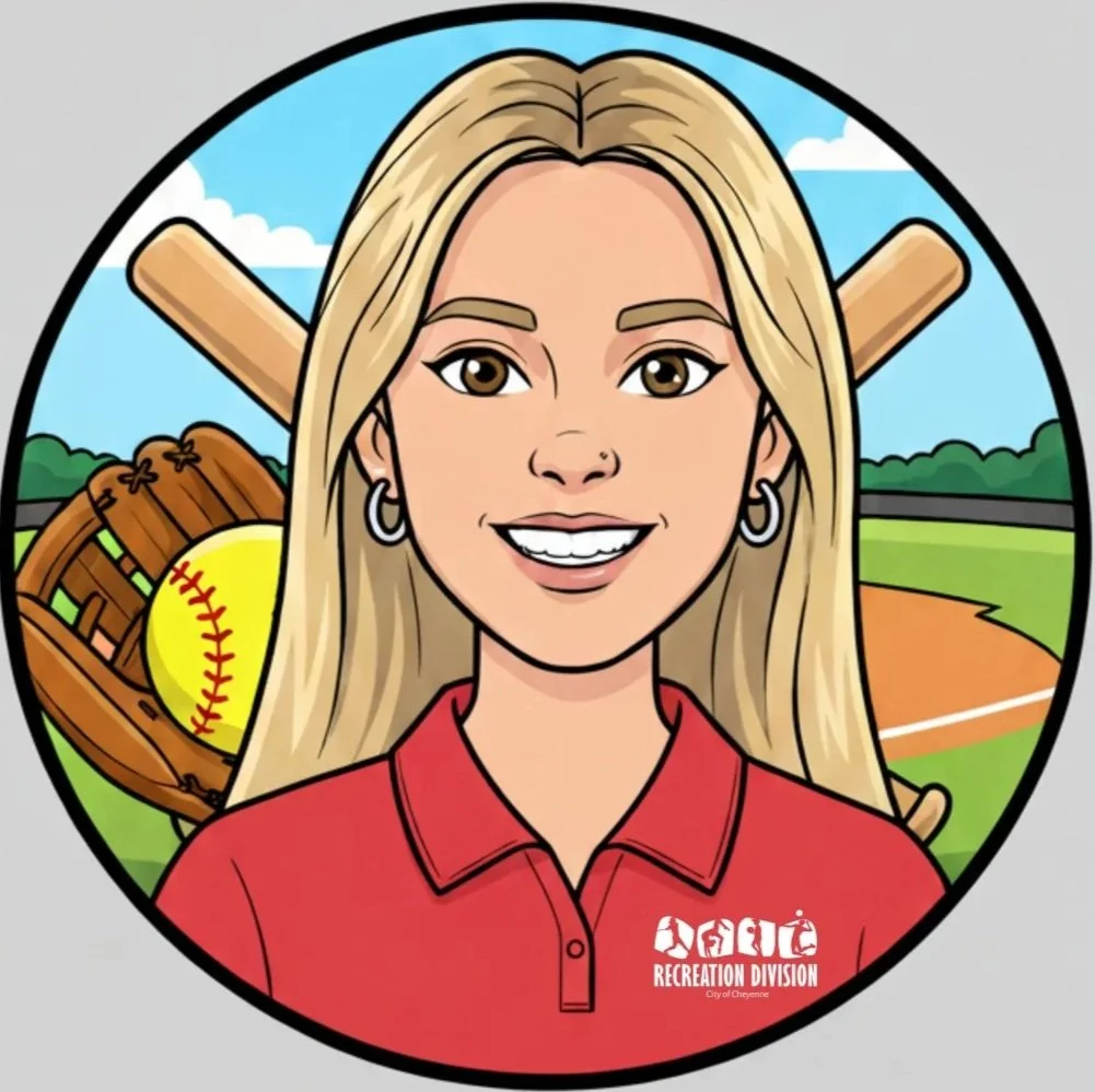 Illustration of a smiling woman with long blonde hair, wearing a red shirt, in front of a baseball field with a softball, glove, and baseball bat.
