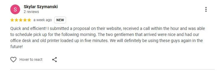 Screenshot of a Google review by Skylar Szymanski with five stars, praising quick and efficient service, mentioning office staff and printer setup.