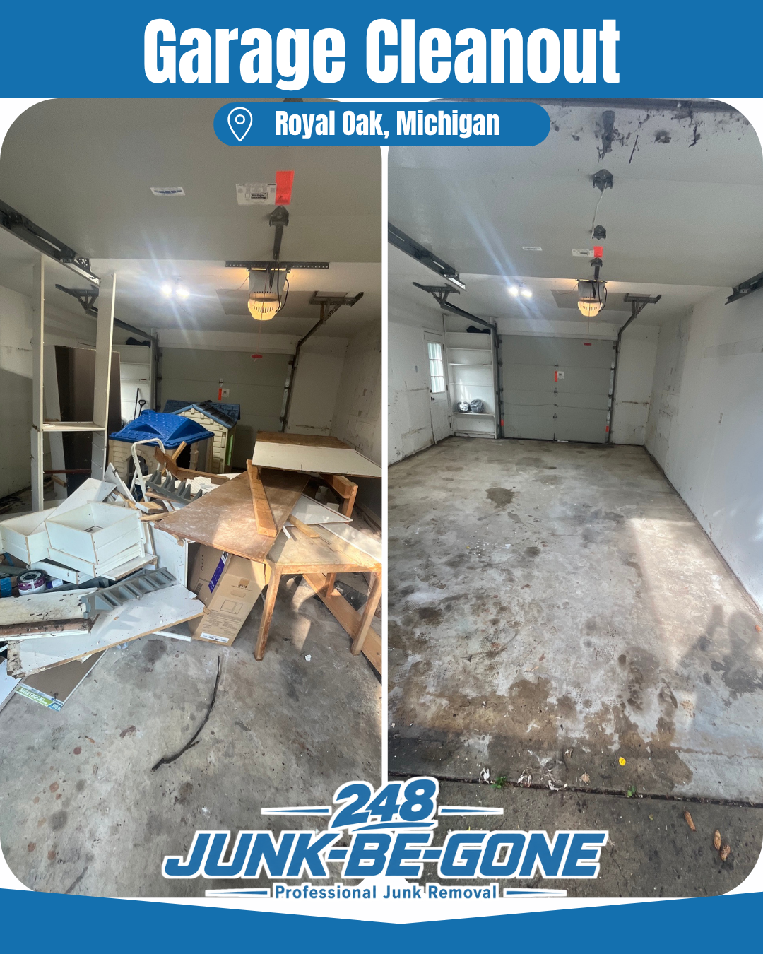 Garage cleanout before and after photo in Royal Oak michigan
