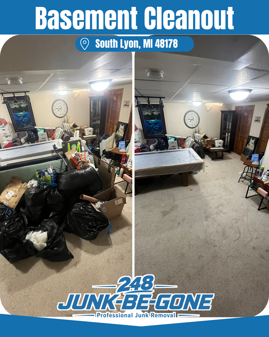 Basement cleanout before and after photo in south lyon michigan