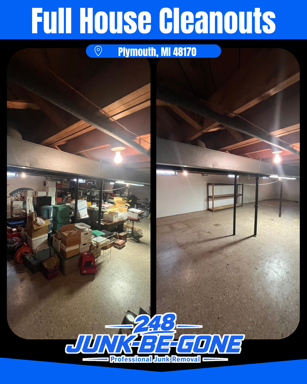 full basement cleanout before and after in Plymouth, MI