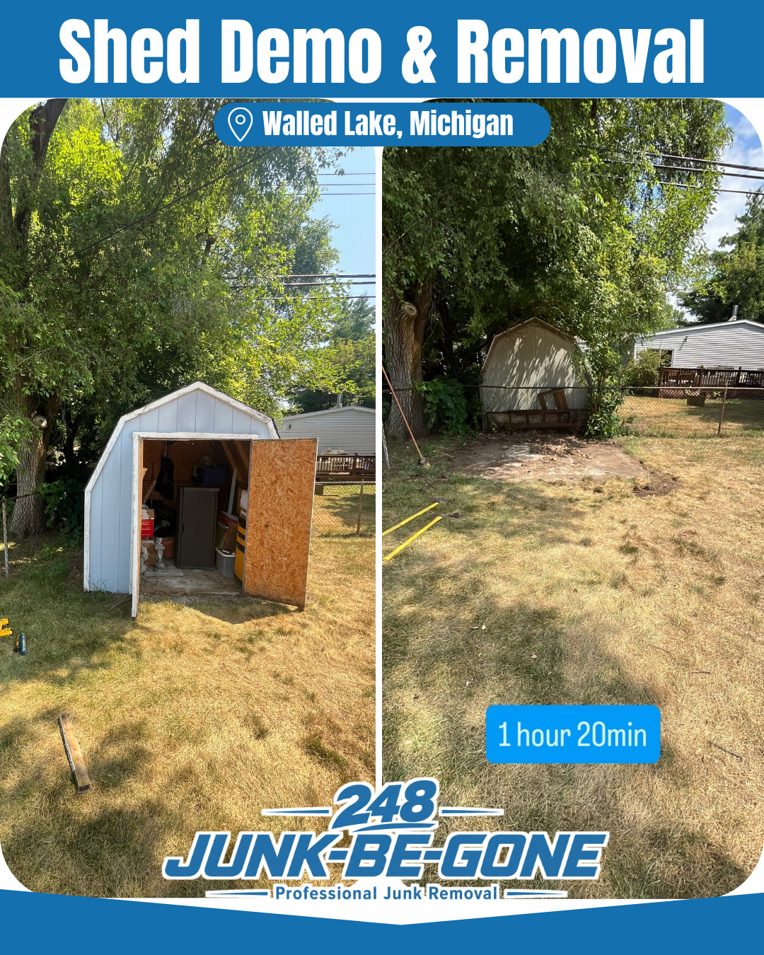 shed demo and removal before and after photo in walled lake michigan