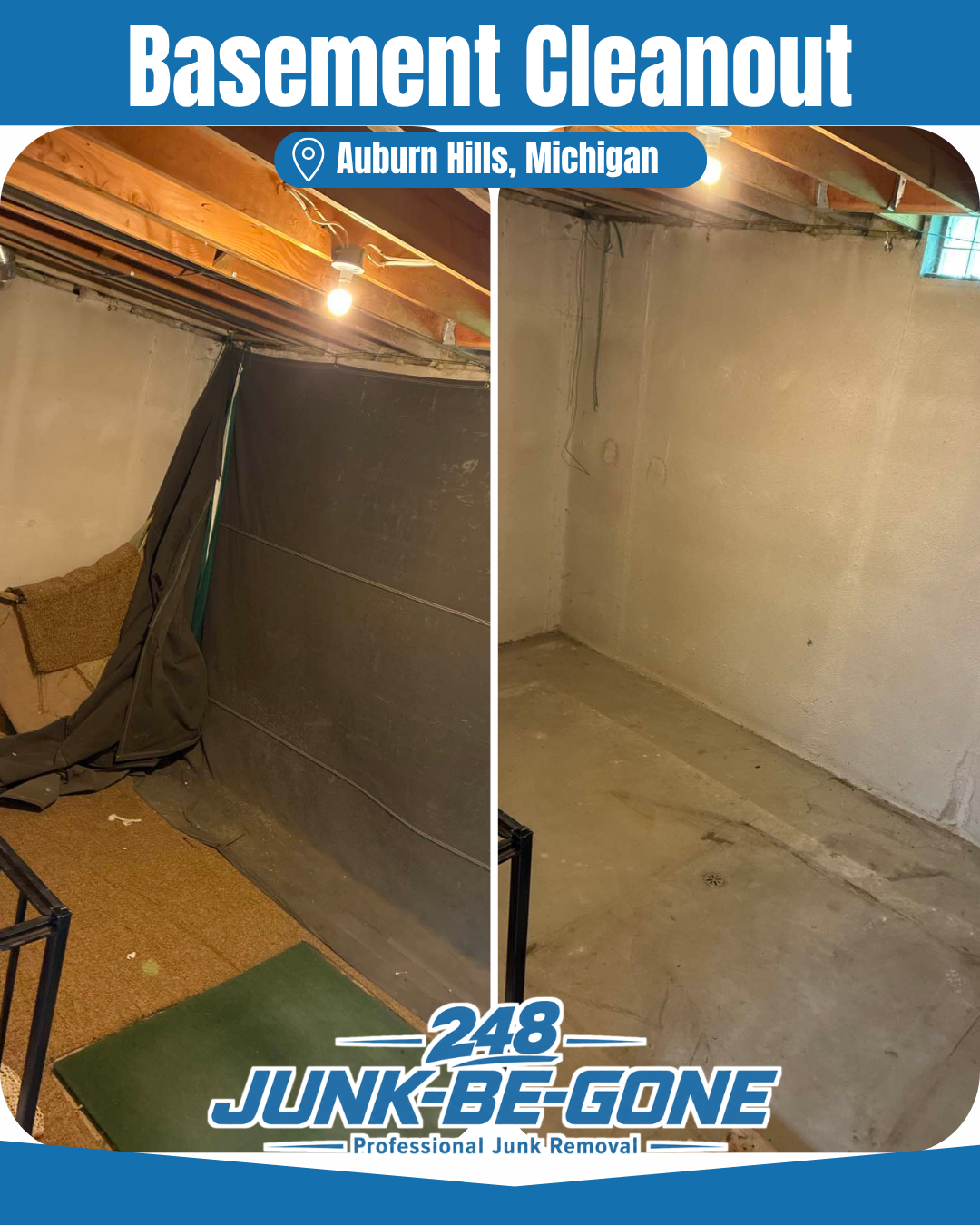 basement junk removal before and after photo in auburn hills michigan.