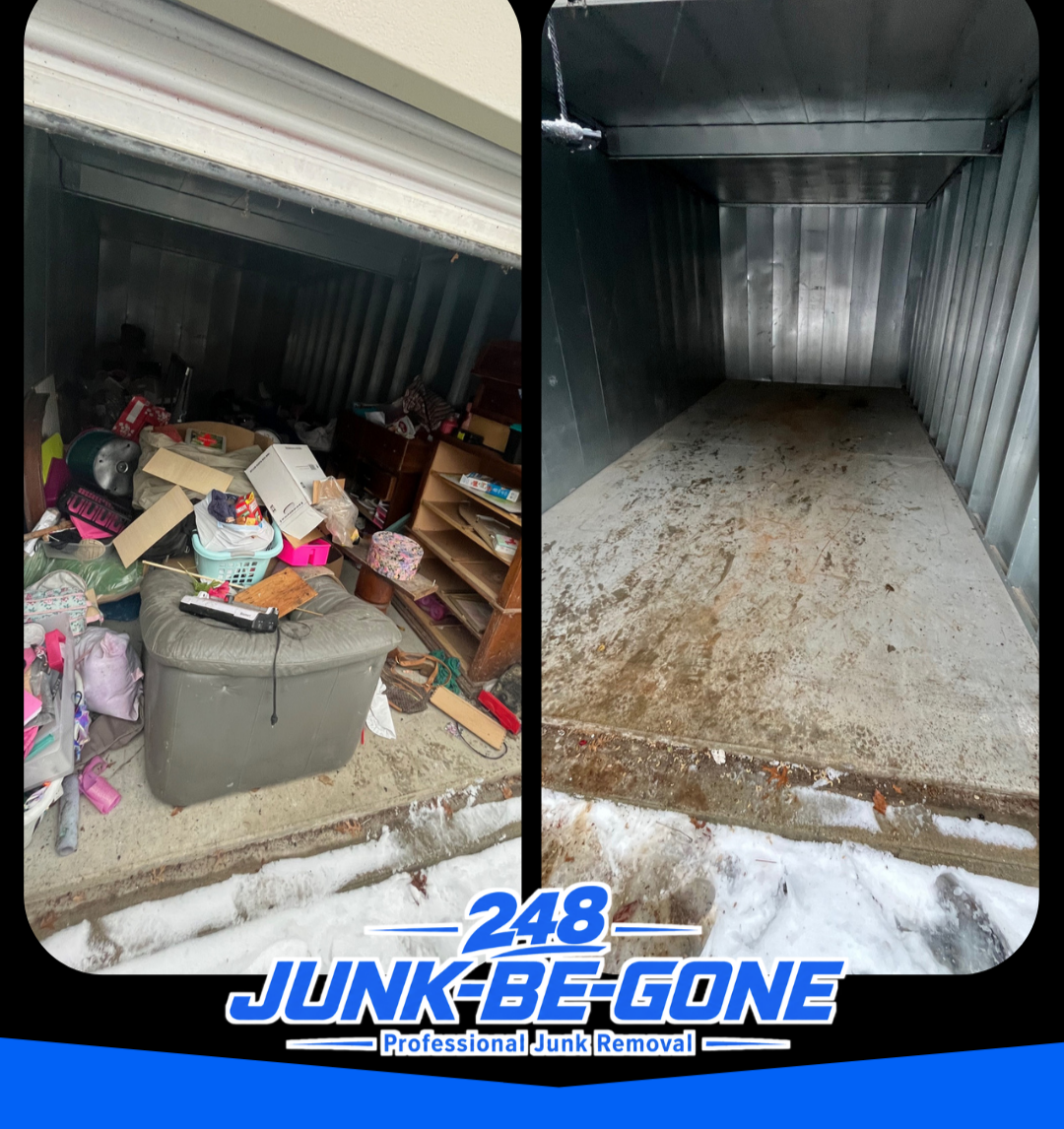 Comparison of a cluttered, messy garage before cleaning and an empty, cleaned garage after junk removal.