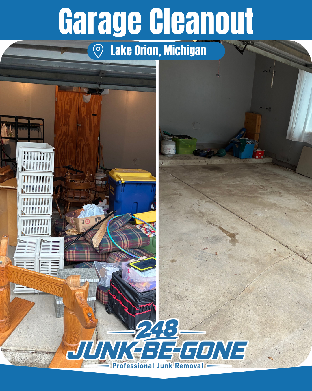 Garage cleanout before and after photo in lake orion michigan