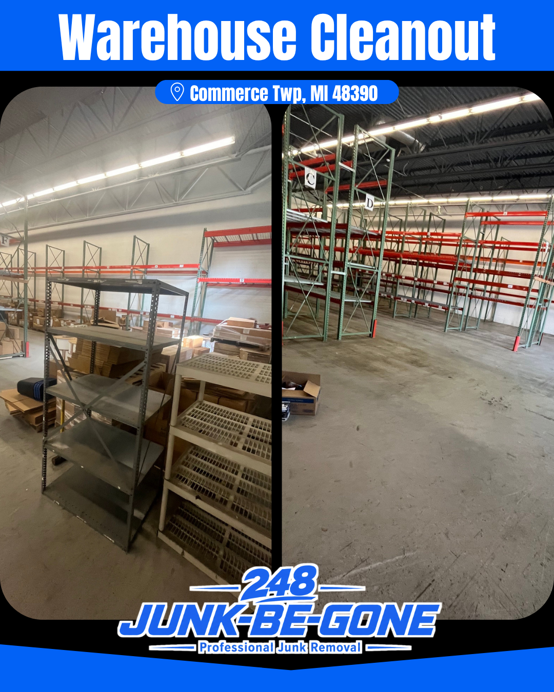 warehouse cleanout before and after photo in commerce twp michigan 48390