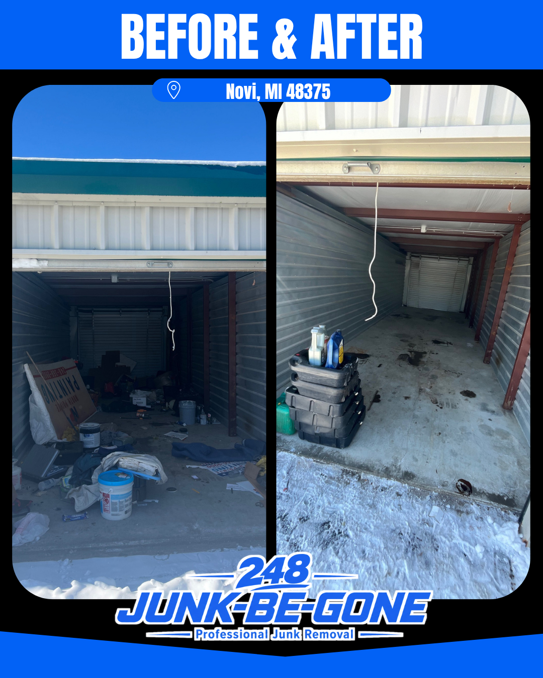 Storage unit cleanout before and after in Novi, MI
