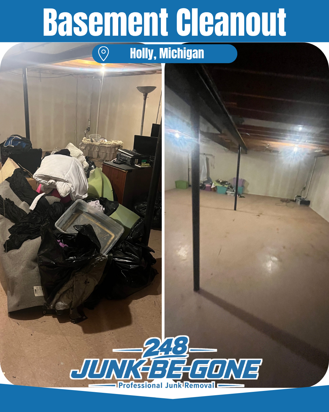 basement cleanout before and after photo in holly michigan