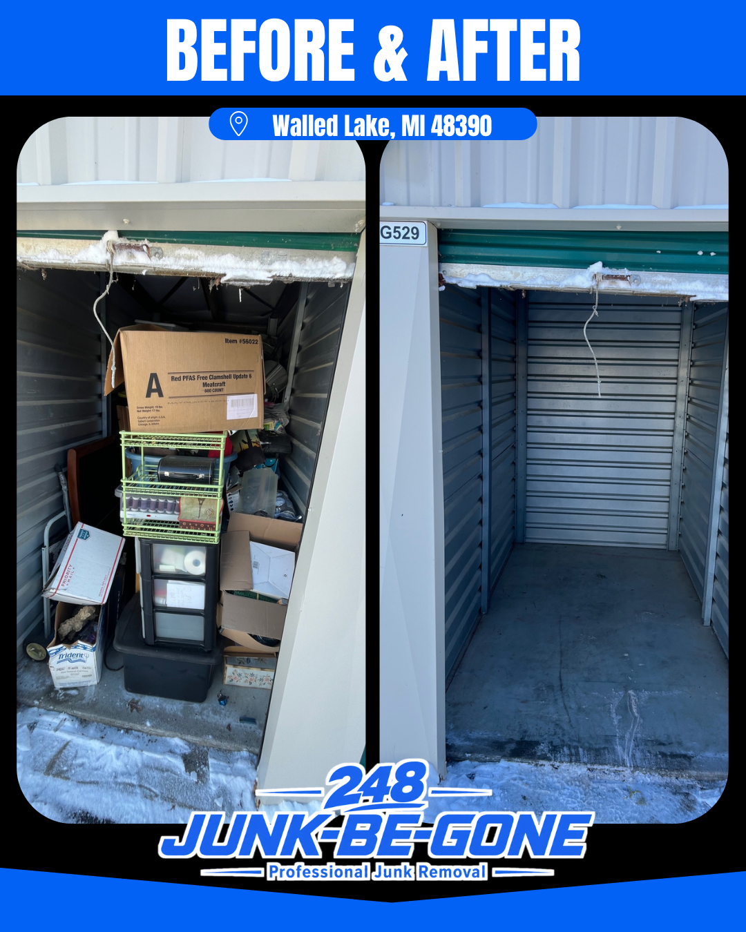 storage unit cleanout before and after in walled lake, MI
