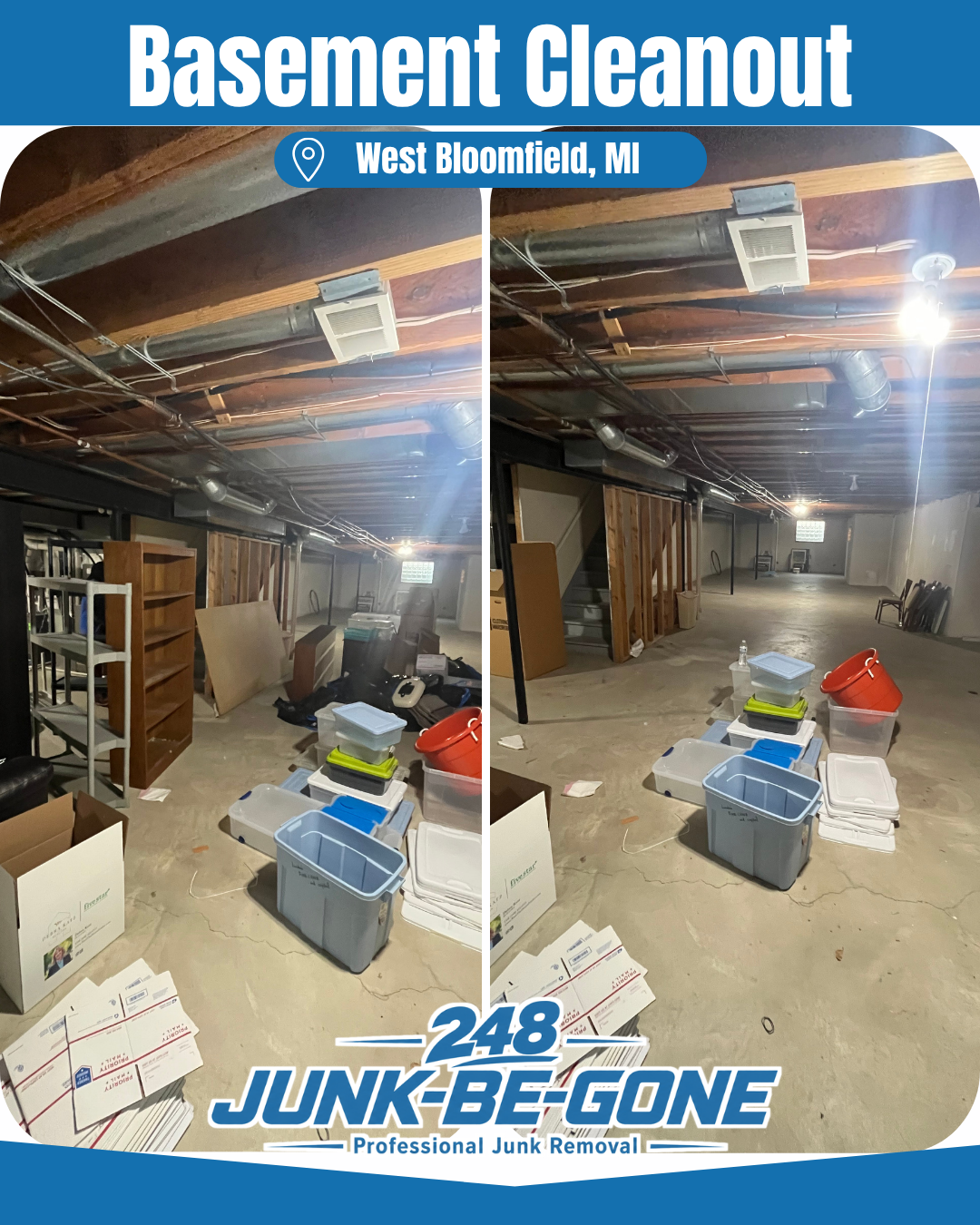 basement cleanout before and after photo in west bloomfield michigan