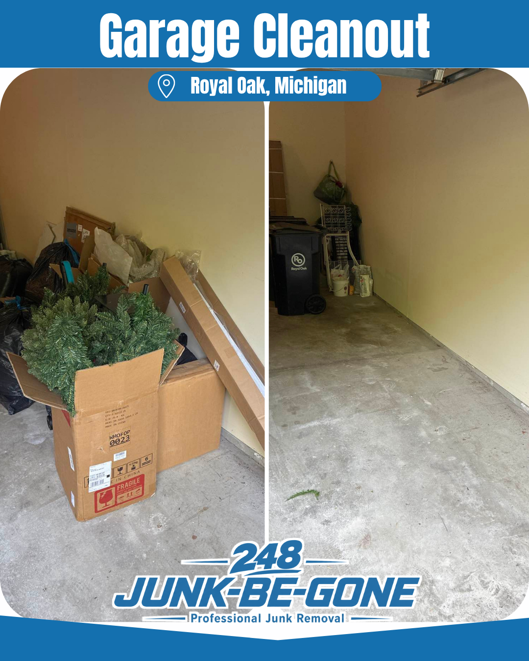 garage junk removal before and after photo in royal oak michigan