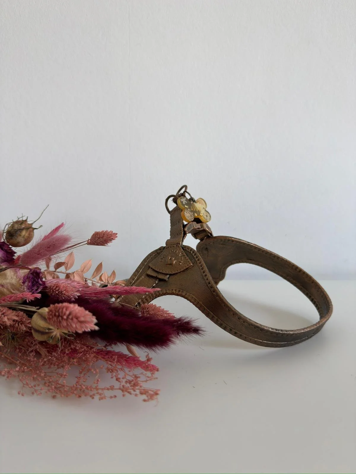 Verbronzing van een hondenharnas met kleurrijke droogbloemen