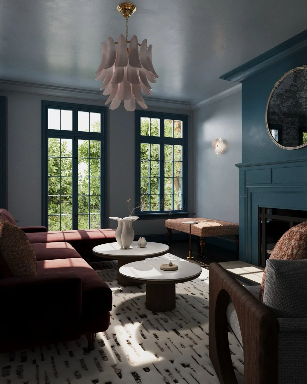 Detail of ottomans on casters flanking fireplace with brass accents