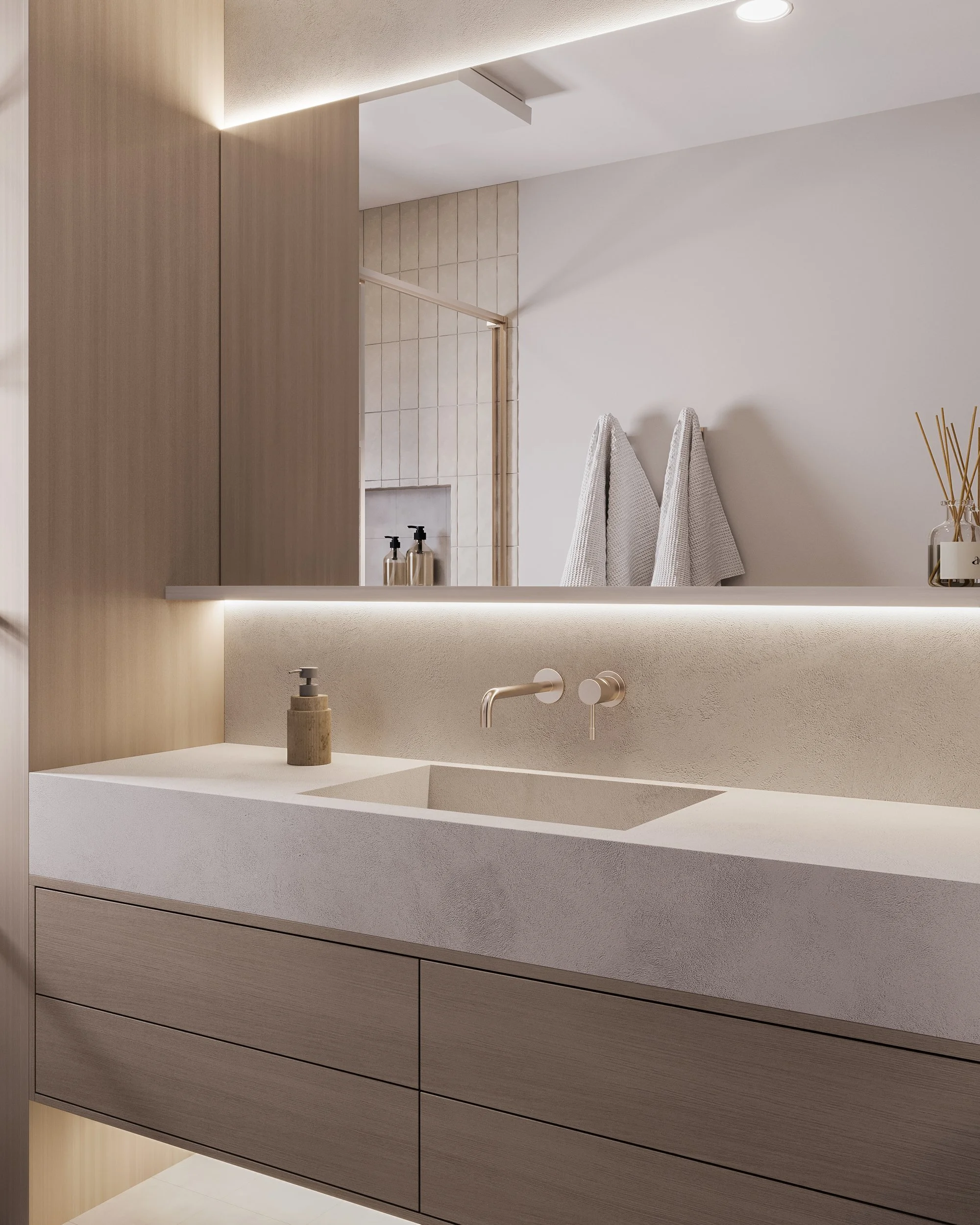 Light bathroom with floating wood vanity, large mirror and soft neutral tiles