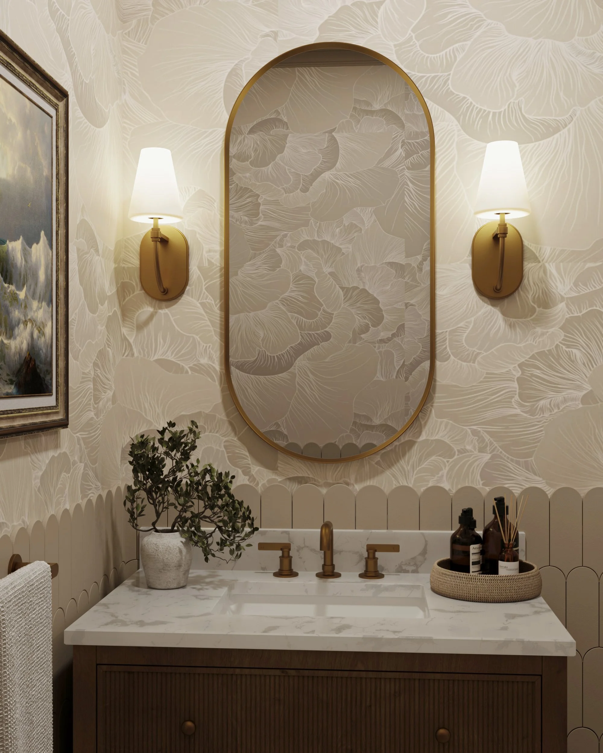 Warm powder room with curved white tile, floral wallpaper, wood vanity and brass sconces