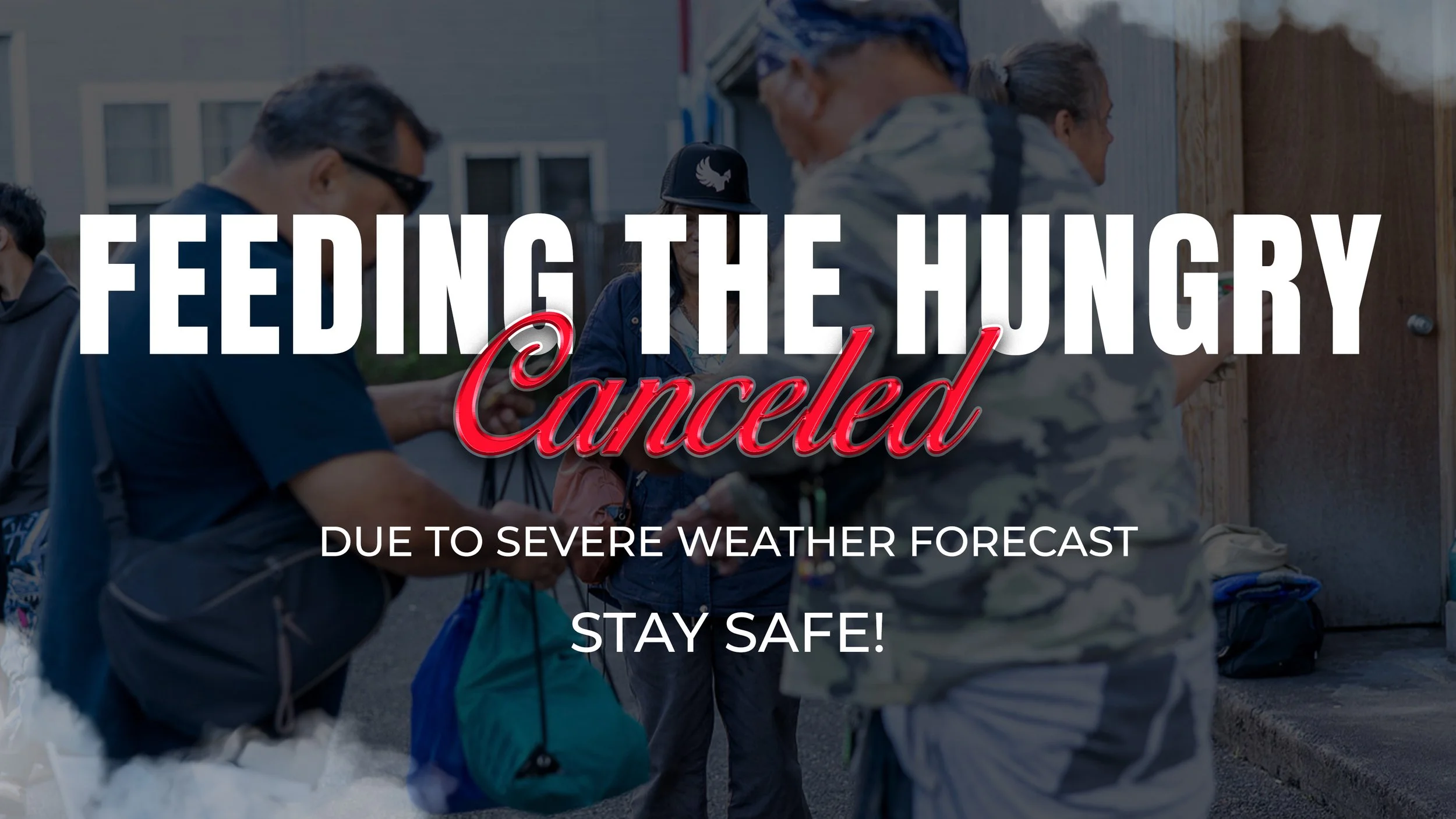 Flyer for an event called Feeding the Hungry, held every second Sunday of the month at 12:15 PM in Downtown Hilo. The flyer features a collage of black and white photos including a person handing out food, a group of people, and a family. The text is in bold yellow and white, with decorative elements, on a black background.