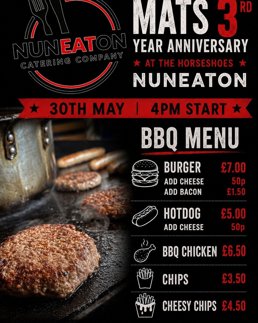 TODAY FROM 4PM MAY 30TH

We have Nuneaton catering cooking up a feast on the BBQ.

Alongside Whitby entertaiment providing the sound track until King crooks takes over at 8pm to finish the night off.