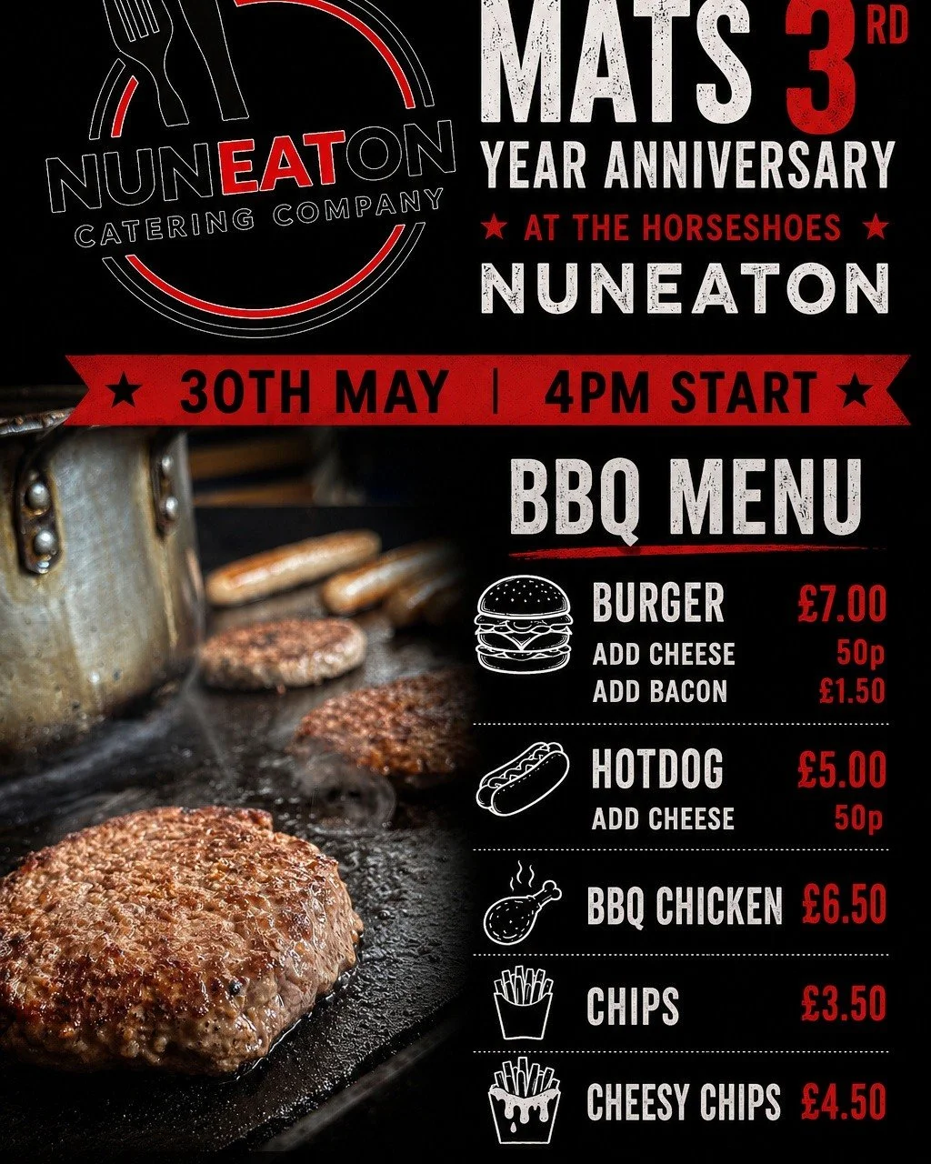 TODAY FROM 4PM MAY 30TH

We have Nuneaton catering cooking up a feast on the BBQ.

Alongside Whitby entertaiment providing the sound track until King crooks takes over at 8pm to finish the night off.