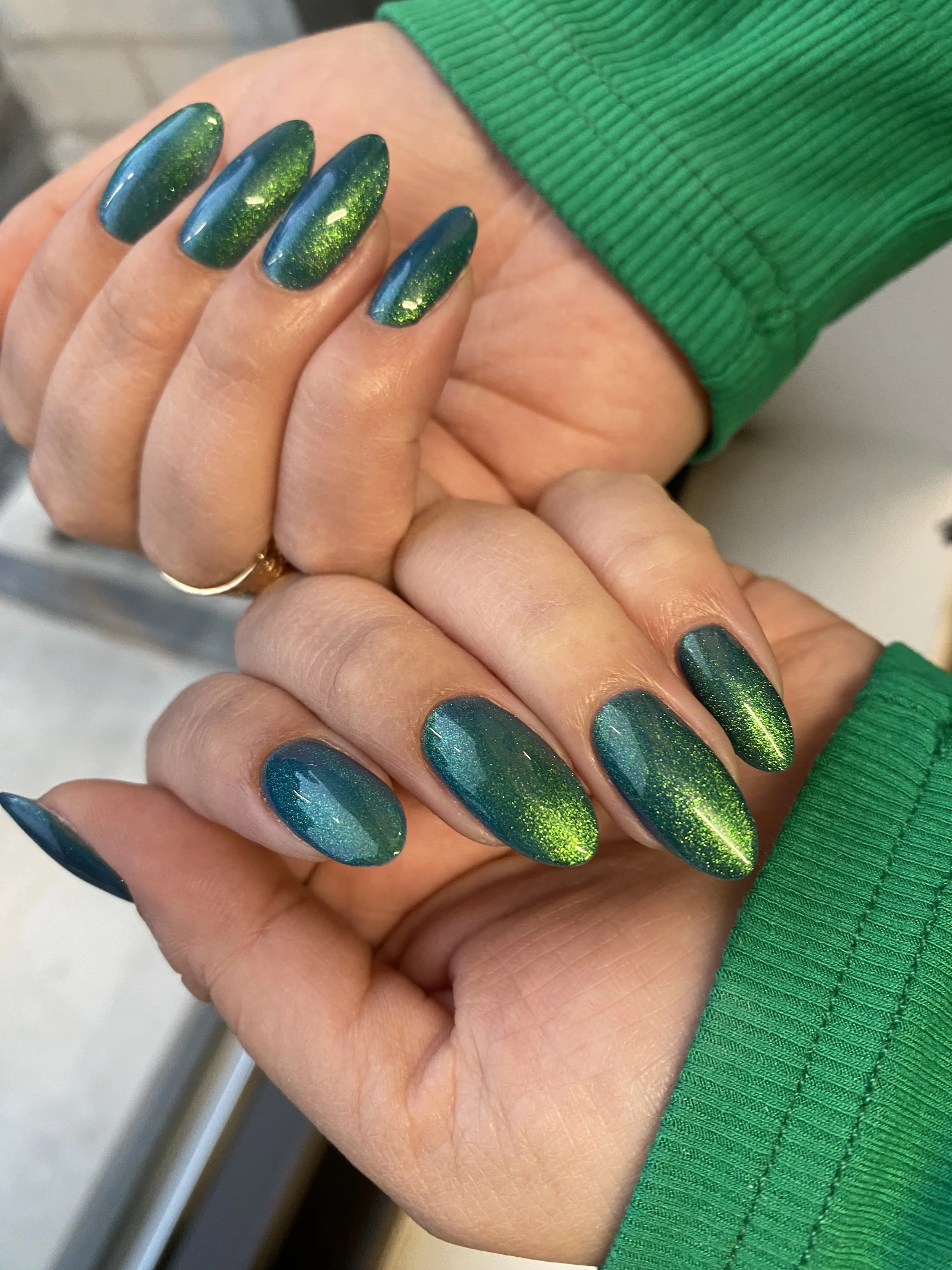 Builder Gel Manicure with Green Cat Eye