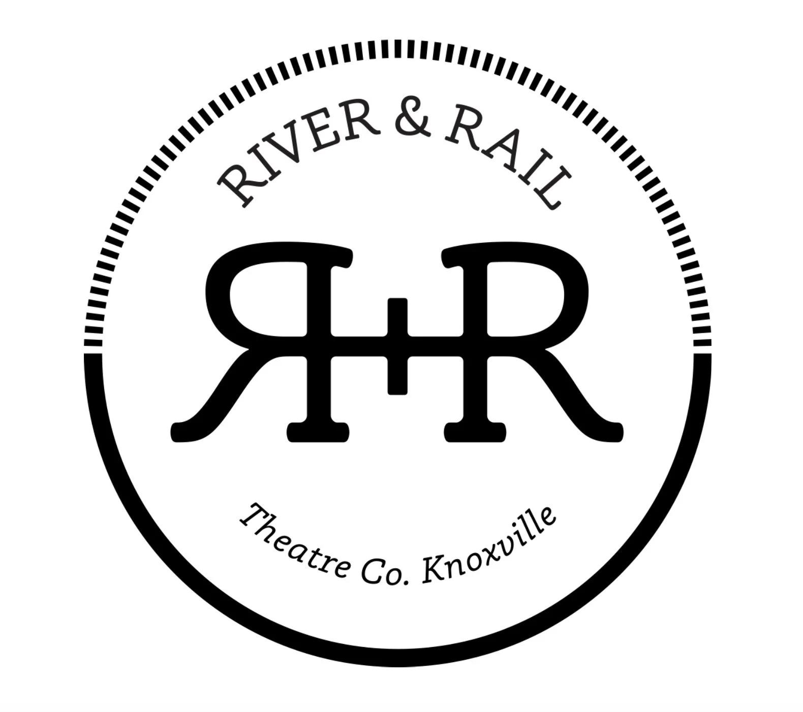 Black and white circular logo for River & Rail Theatre Co. in Knoxville, featuring large stylized initials 'RR' in the center and the text 'RIVER & RAIL' above and 'Theatre Co. Knoxville' below.