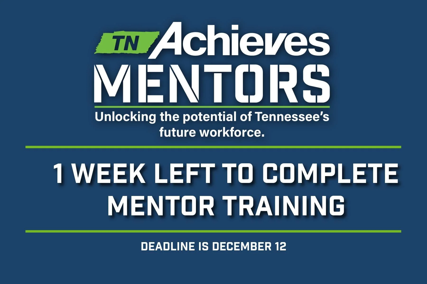 Mentors! 

You have one week to complete your virtual mentor training! The deadline is next Friday, December 12. The training will ensure you're prepared to best help your students take their next steps. It's only 45 minutes! 

If you need help, plea