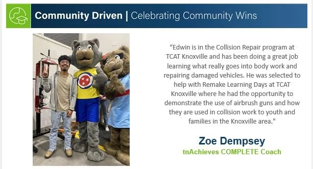 ✨STUDENT SPOTLIGHT✨

Meet Edwin from TCAT Knoxville! His COMPLETE Coach shares what he's learning in the classroom, and how he's already using those skills outside the classroom, too! 

Learn more about how COMPLETE Coaches inspire students to comple