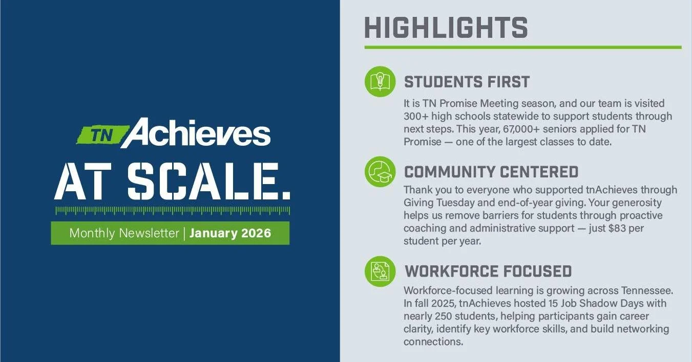 It may be COLD and SNOWY outside, but the January newsletter is HOT off the press! 

Highlights include: 
-TN Promise Meetings
-Your Generosity 
-Job Shadow Days 

Swipe to see everywhere our team has been!

Read the latest issue here: https://www.tn