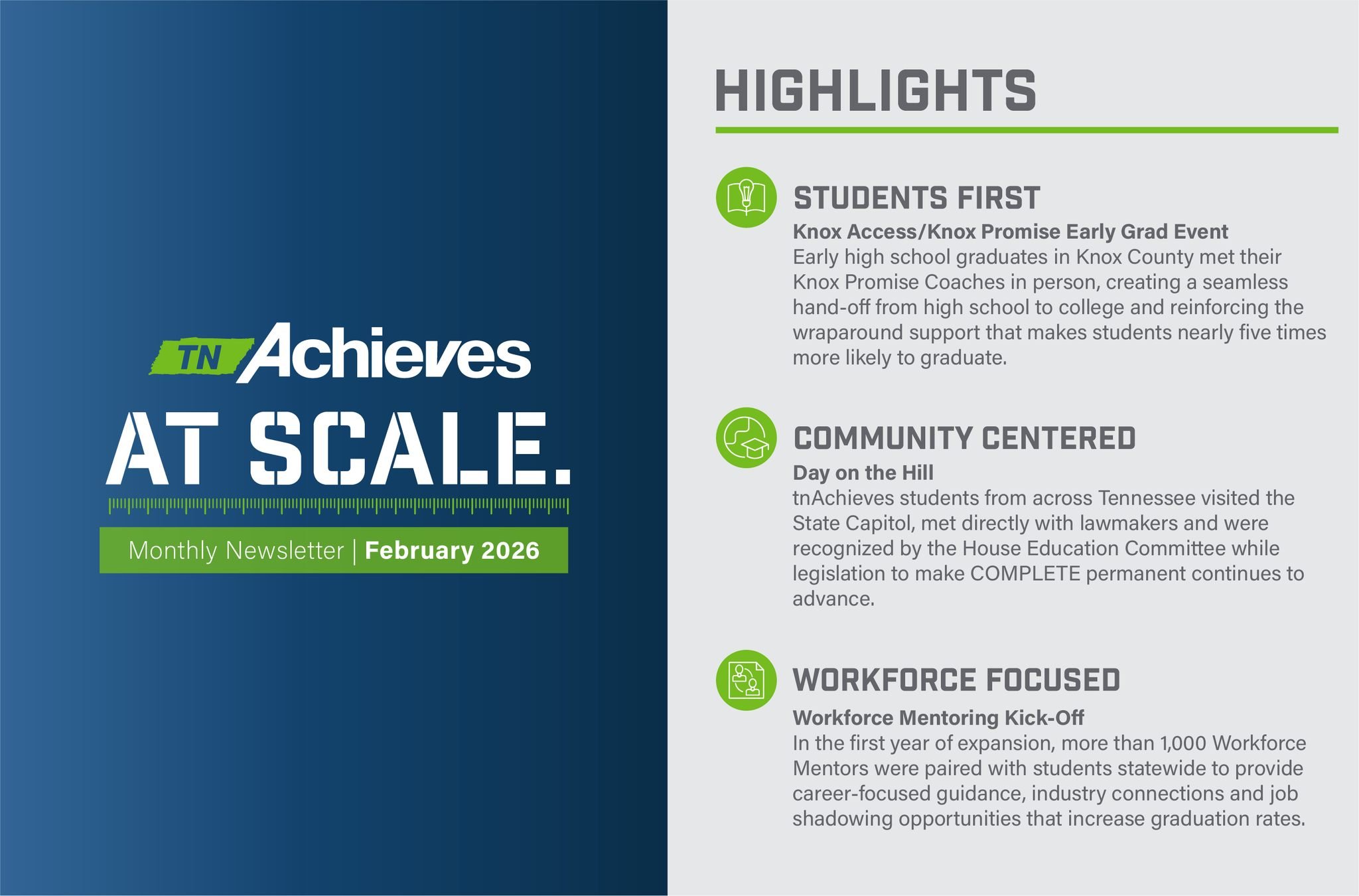 Our February Newsletter is now live! 

Highlights include: 
-An Early Grad Event by Knox Access and Knox Promise
-Students Meeting Lawmakers at the State Capitol 
-Workforce Mentoring Getting Underway

Read the latest issue here: https://www.tnachiev