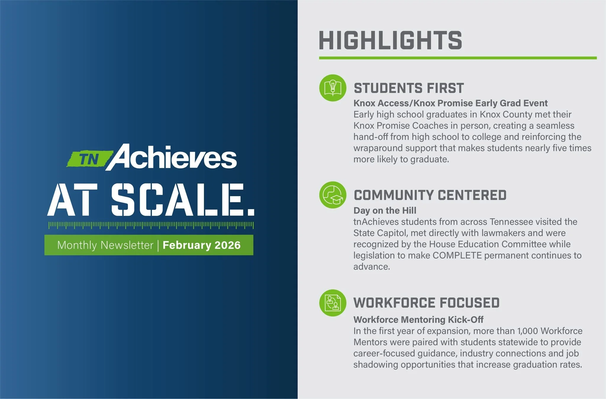 Our February Newsletter is now live! 

Highlights include: 
-An Early Grad Event by Knox Access and Knox Promise
-Students Meeting Lawmakers at the State Capitol 
-Workforce Mentoring Getting Underway

Read the latest issue here: https://www.tnachiev