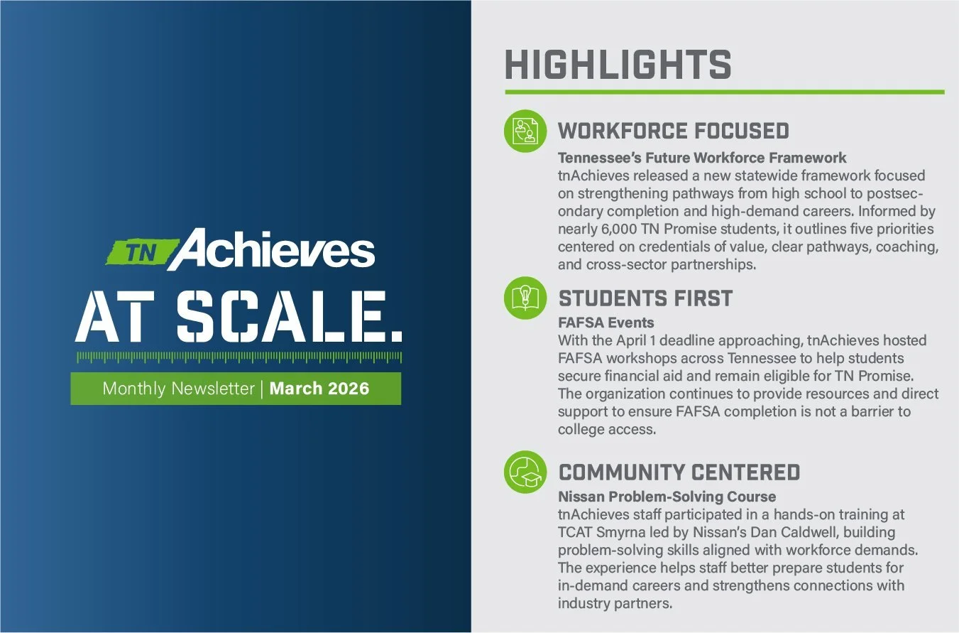 Have you read our March Newsletter yet? It dropped into inboxes on Monday! 

Highlights include: 
-The release of Tennessee's Future Workforce Framework
-FAFSA Filing Events
-The team taking a Nissan Problem-Solving Course

Read the latest issue here