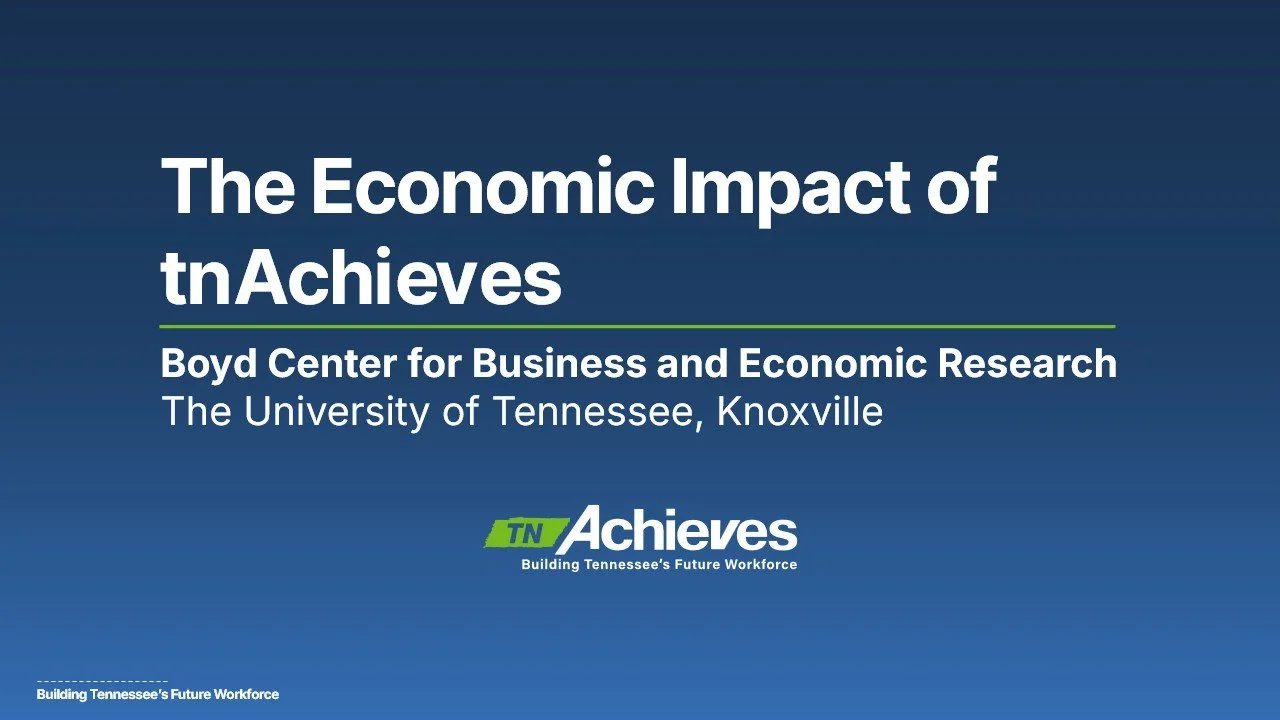 New research from the University of Tennessee&rsquo;s Boyd Center highlights the powerful impact of tnAchieves.

Students who complete a post-secondary credential through tnAchieves are projected to generate $40.6B&ndash;$45.9B in lifetime earnings, 