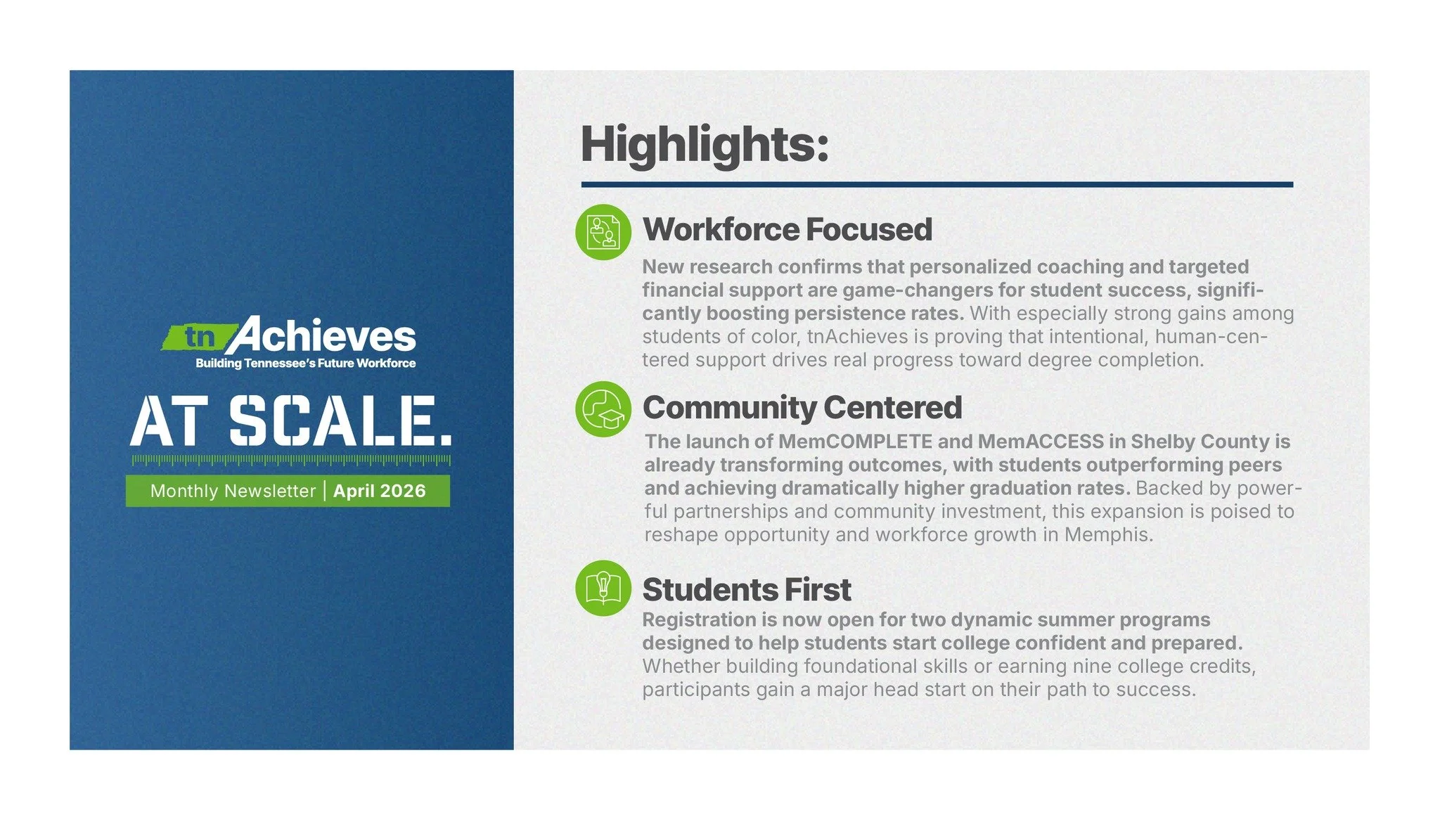 Big things are happening at tnAchieves this month! 🚀

New research from @score_tn shows that coaching and financial support are making a real difference&mdash;helping more students stay in college and succeed. We are also celebrating the expansion o