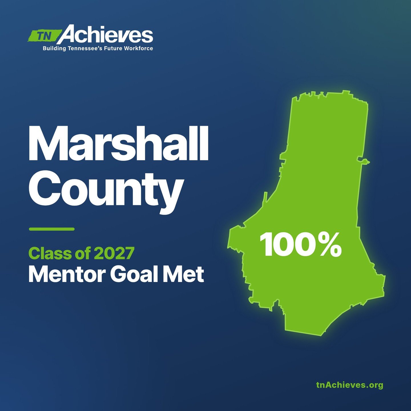 Mentor Goal Met: Marshall County. Marshall County reached 100% of its Class of 2027 mentor goal. Thank you to every mentor who said yes to supporting Marshall County students as they take their next step from high school to college to career. Mentors