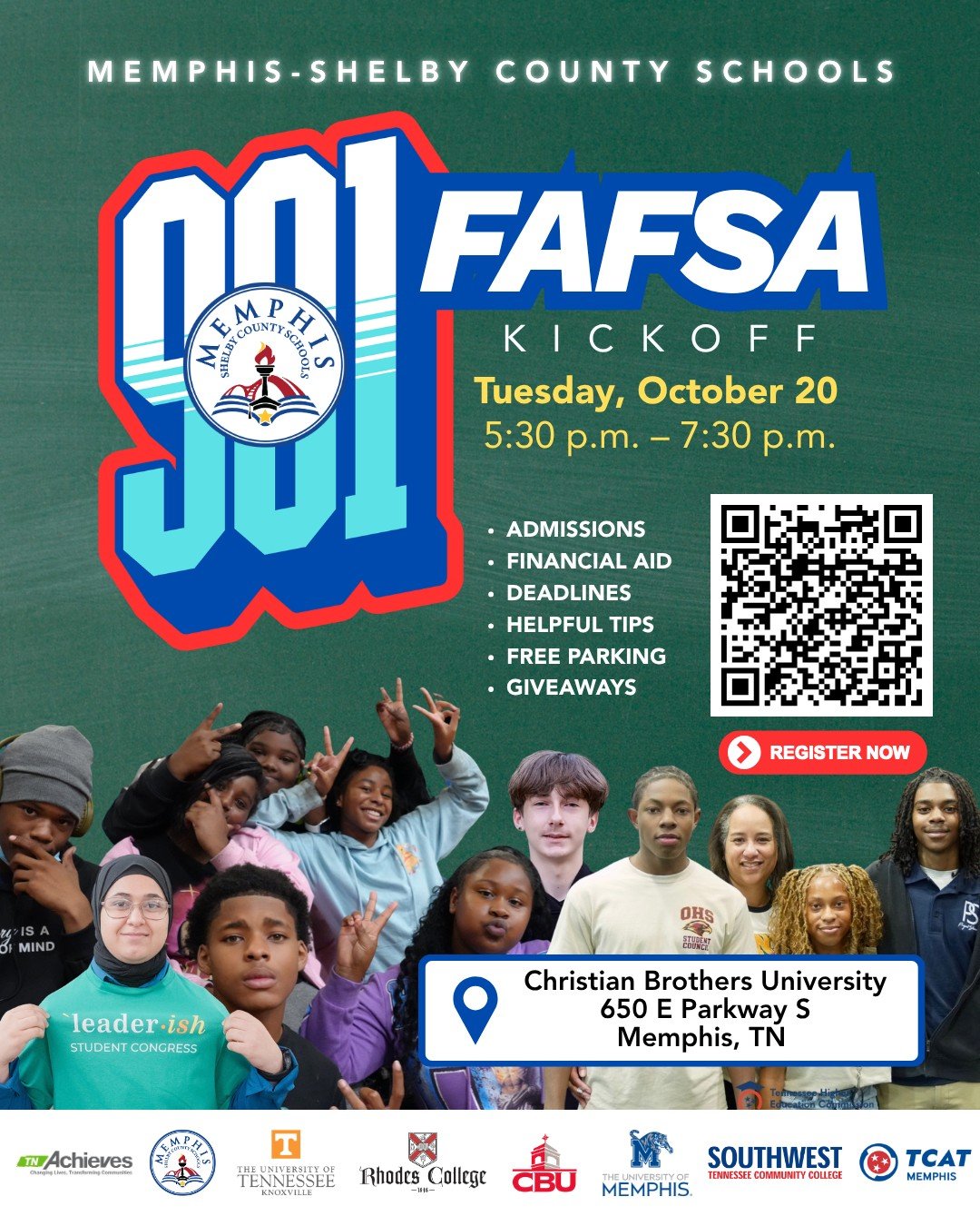 Need help with the 2027-2028 FAFSA or college admissions? Memphis-Shelby County Schools' 901 FAFSA Kickoff is around the corner. 

Register to attend to get help with FAFSA, admissions, financial aid and more at the free event on Oct. 20 from 5:30-7: