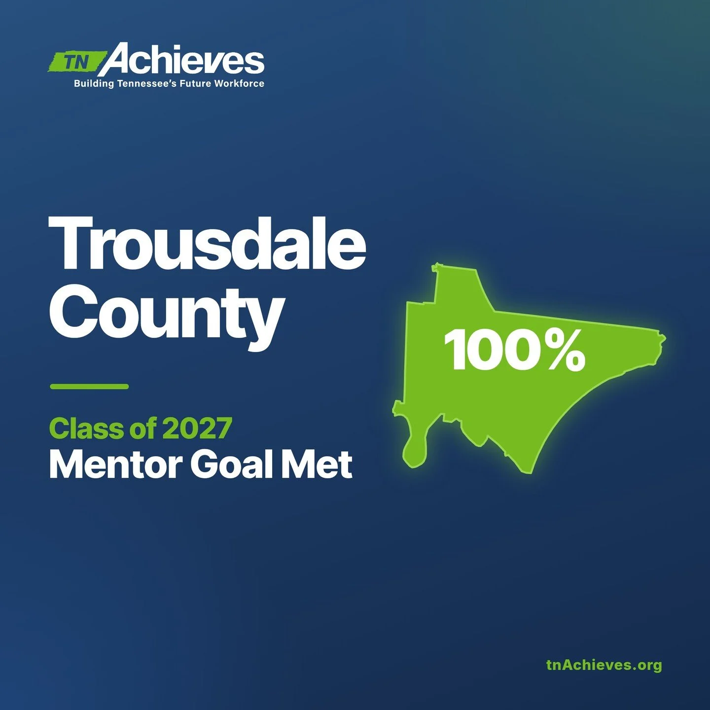 Mentor Goal Met: Trousdale County. Trousdale County reached 100% of its Class of 2027 mentor goal. Thank you to every mentor who said yes to supporting Trousdale County students as they take their next step from high school to college to career. Ment