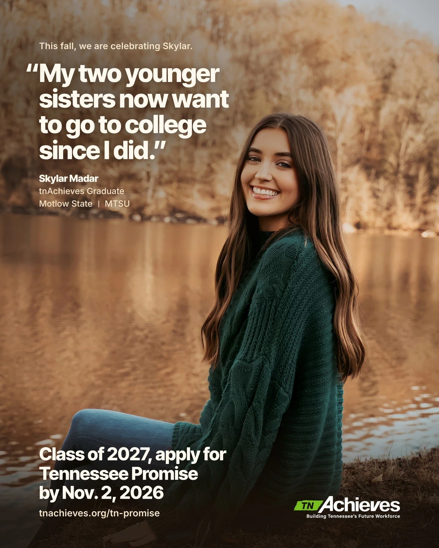 Class of 2027: The Tennessee Promise application closes November 2, 2026.

Tennessee Promise opens the door to tuition-free community or technical college, and tnAchieves will walk with you every step of the way. Apply now: tnachieves.org/tn-promise

