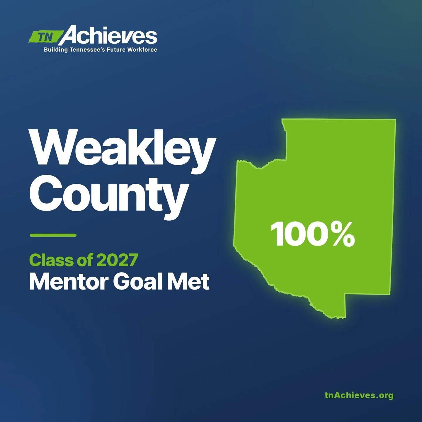 Mentor Goal Met: Weakley County. Weakley County reached 100% of its Class of 2027 mentor goal. Thank you to every mentor who said yes to supporting Weakley County students as they take their next step from high school to college to career. Mentors ar