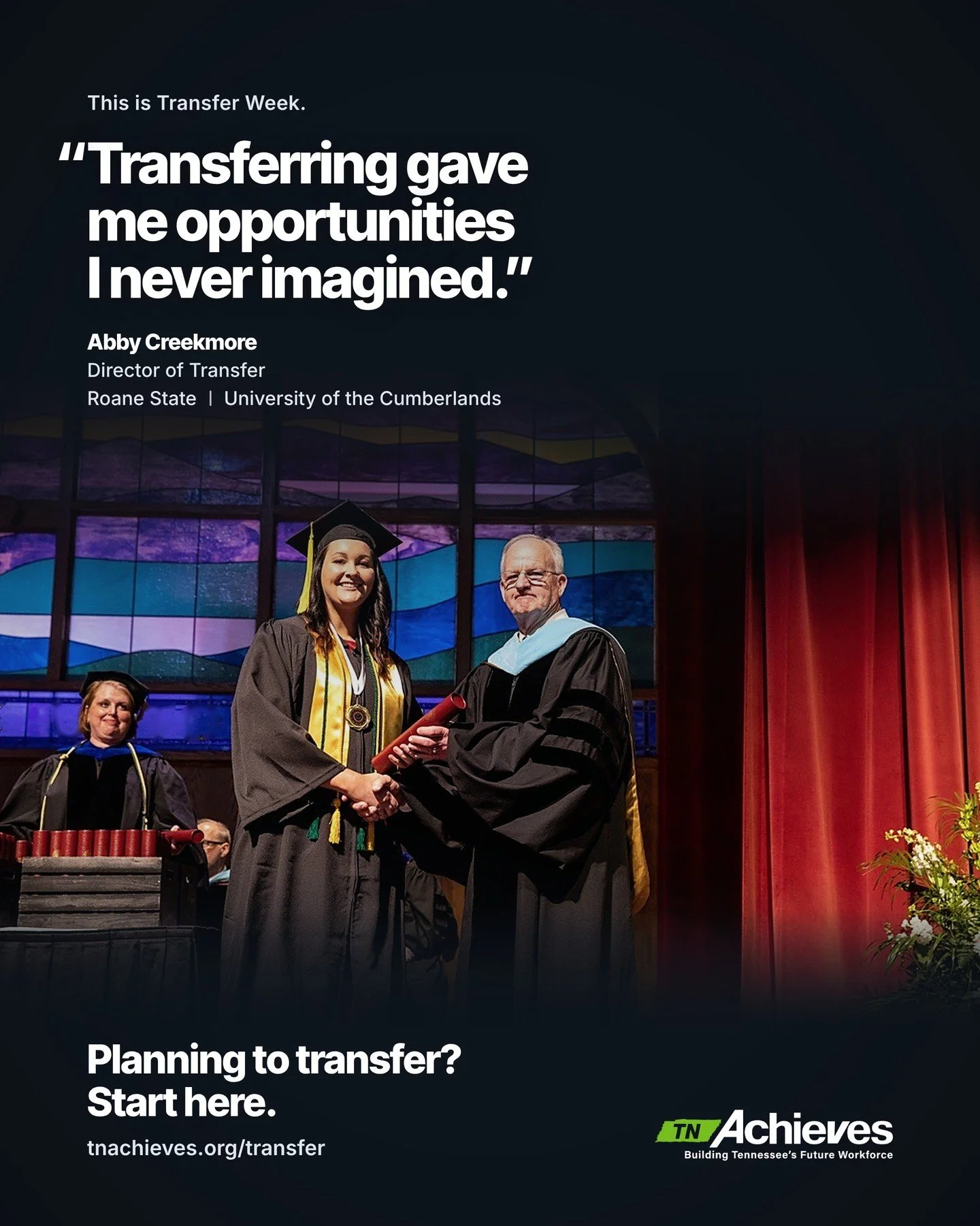 This is Transfer Week, and our own Abby Creekmore, tnAchieves Director of Transfer, is sharing her story.

Abby is a first-generation college student from Jellico High School. She earned her associate degree in accounting at Roane State Community Col
