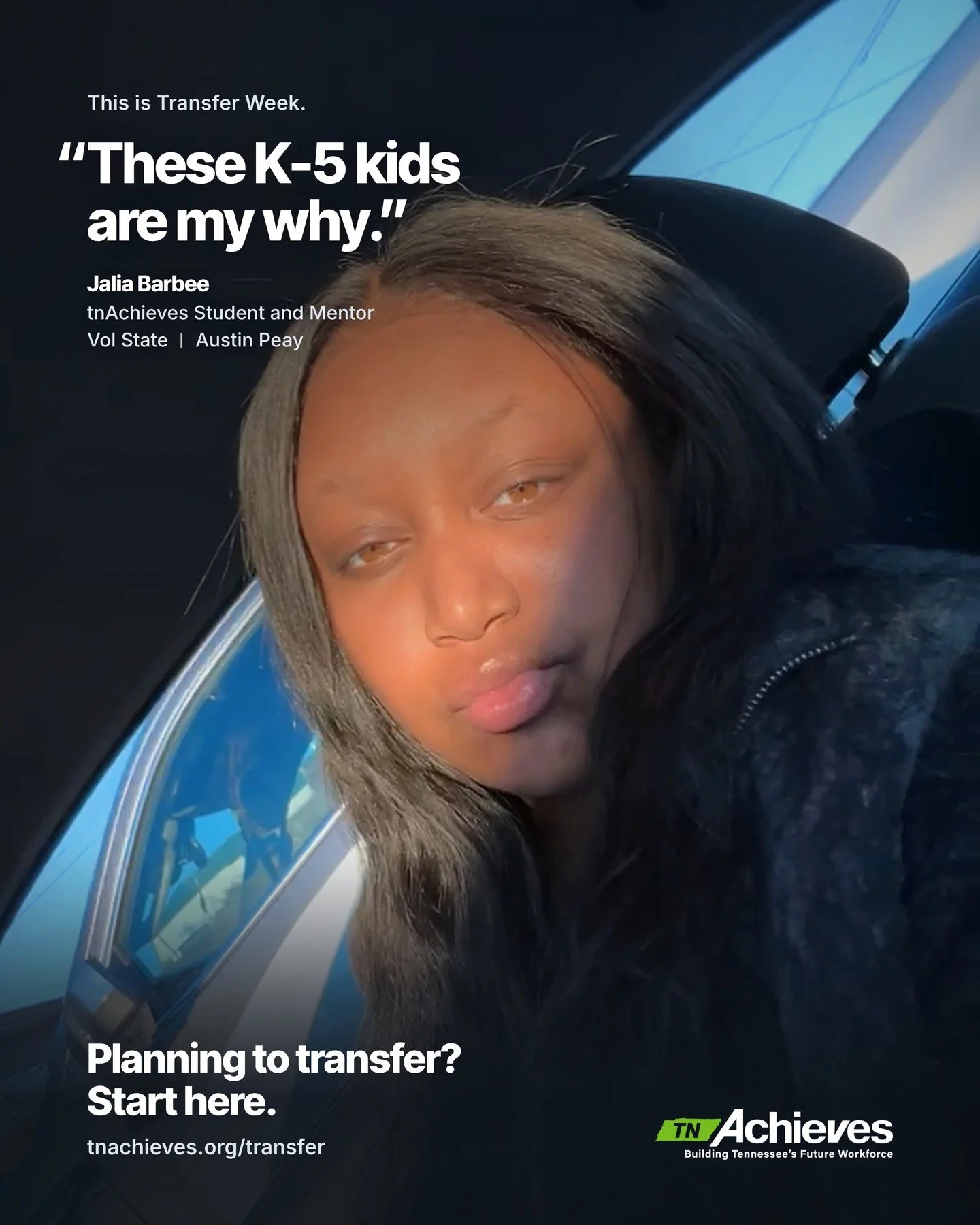 This is Transfer Week, and we are celebrating Jalia Barbee.

Jalia graduated from high school in Springfield and studied K-5 elementary education at Vol State before transferring to Austin Peay State University to pursue her bachelor's degree. She al