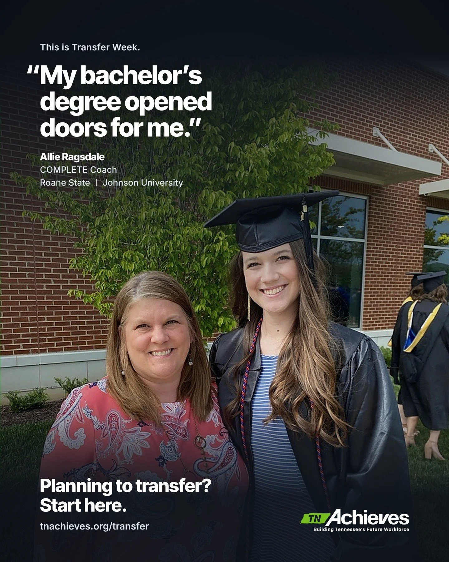 This is Transfer Week, and our own Allie Ragsdale, COMPLETE Coach at Northeast State, is sharing her story.

After graduating from Roane County High School, Allie started at Roane State Community College. She completed her prerequisites there, then t