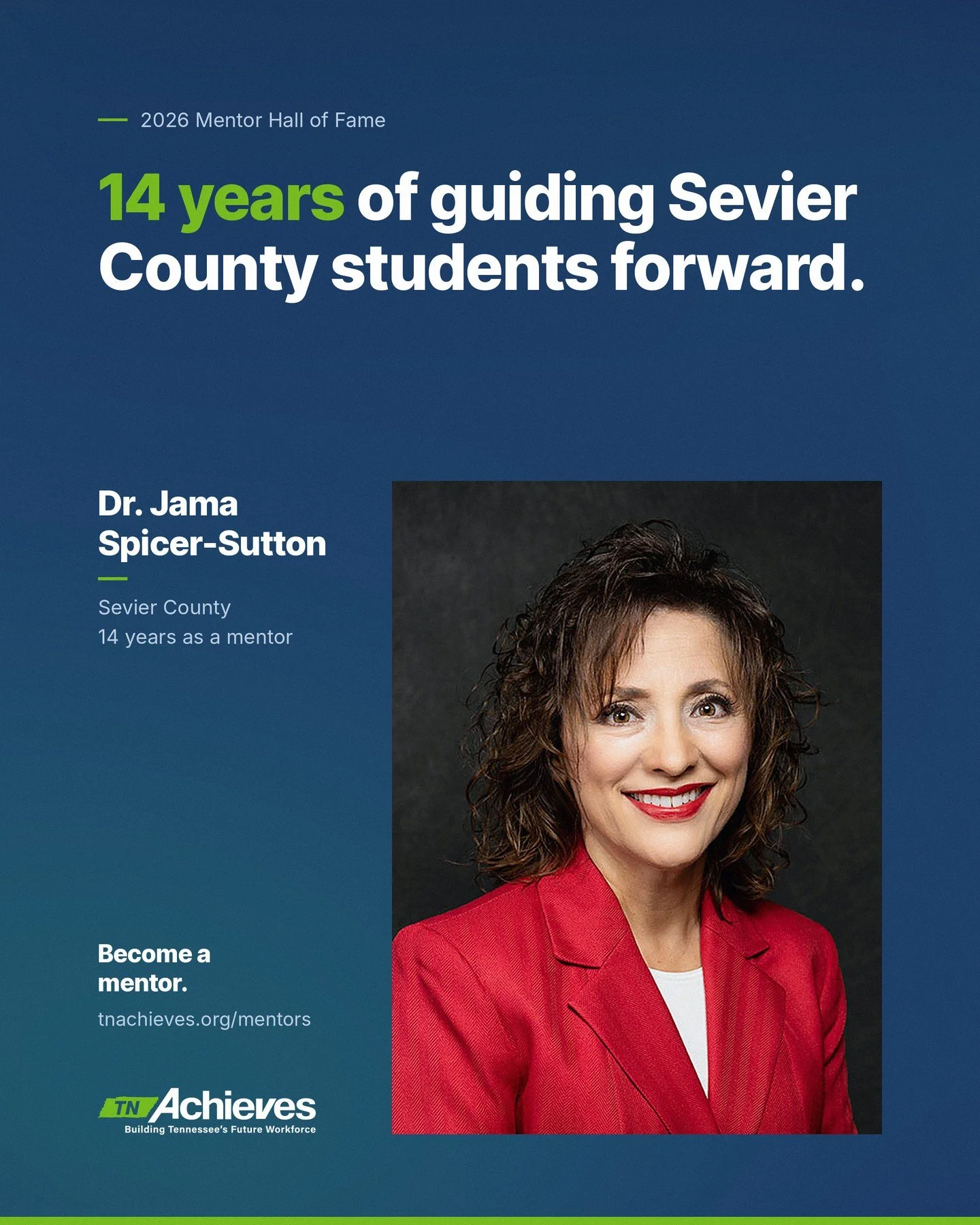 Meet Dr. Jama Spicer-Sutton, a 2026 tnAchieves Mentor Hall of Fame inductee.

For 14 years, Dr. Spicer-Sutton has served as a tnAchieves mentor in Sevier County, offering students encouragement and clear next steps as they work toward a postsecondary