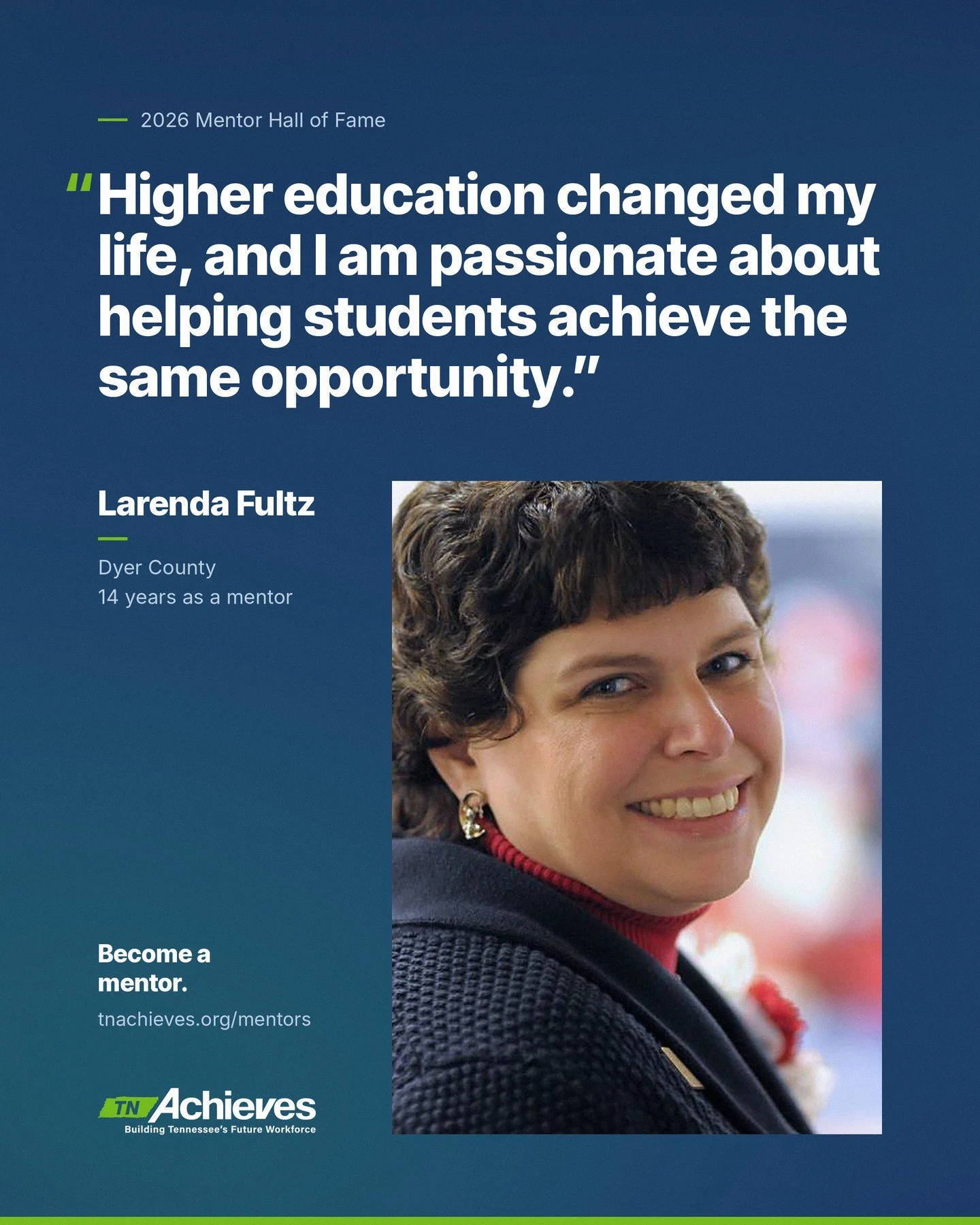 Meet Larenda Fultz, a 2026 tnAchieves Mentor Hall of Fame inductee.

For 14 years, Larenda has helped Dyer County students and families navigate the college process. As a first-generation college graduate, she celebrates every milestone with her stud